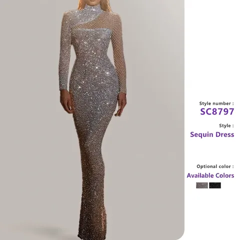 Robe De Soirée À Paillettes Manches Longues Col Montant Patchwork En Maille Coupe Ajustée Robe De Bal Longue Pour Femmes