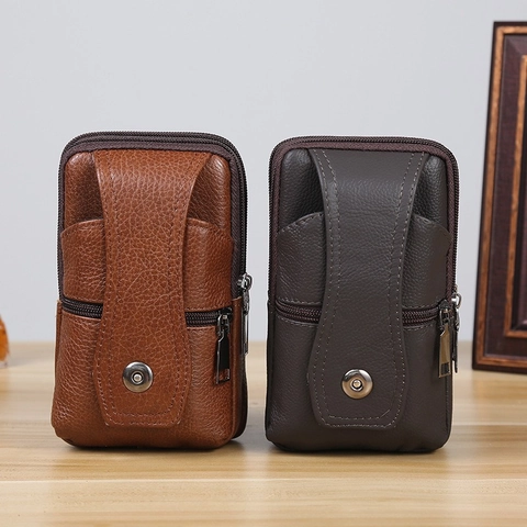 Herren Business Echtleder Handytasche Vertikal Gürteltasche Magnetverschluss Reißverschluss Kartenhalter Wallet