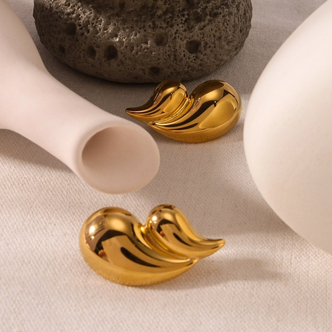 Irregular Double Water Drop Heart Shaped Stud Earrings 18K Gold Plated Stainless Steel Sculptural Bold Jewelry Women