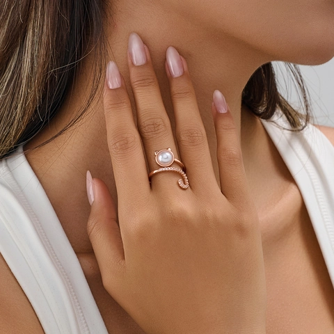 Cute Cat Shape Artificial Pearl Ring Rose Gold Plated Alloy Micro Inlaid Zircon Open Adjustable Finger Ring For Women