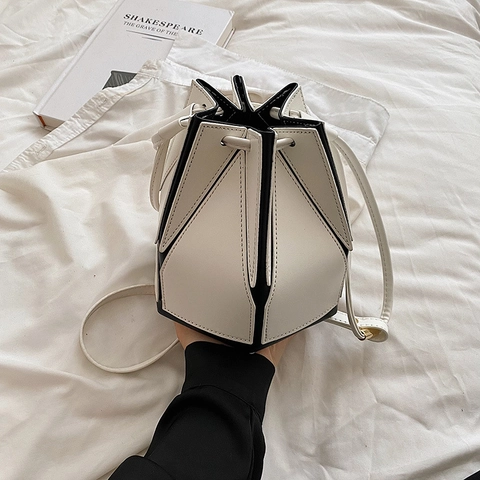 Geometric Origami Bucket Bag PU Leather Foldable Drawstring Crossbody Shoulder Handbag Minimalist Women