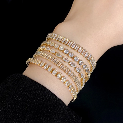 Exquisite Tennis Bracelet Copper Gold Plated With Shiny Cubic Zirconia Light Luxury Hand Jewelry For Women
