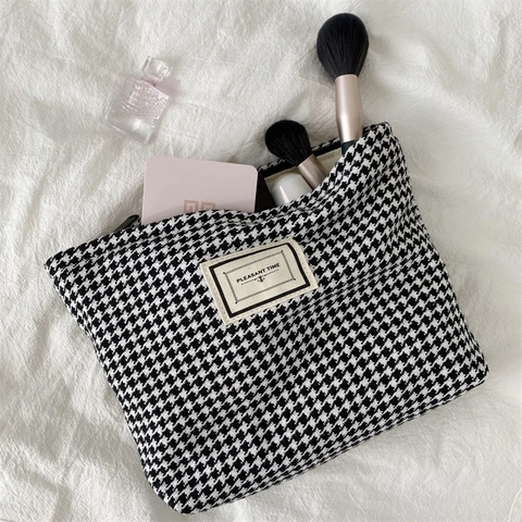 Beauty Case Jacquard Pied De Poule Grande Capacità Borsa Da Toilette Viaggio Cerniera Organizzatore Cosmetici Portatile Donna