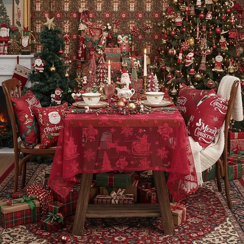 Mantel De Encaje De Navidad Malla Hueca Papá Noel Reno Copo De Nieve Patrón Decoración De Fiesta Casa Cocina Comedor