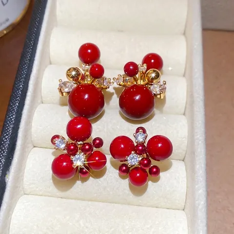Retro Red Faux Artificial Pearl Cluster Stud Earrings With Silver Earring Post Zircon Gold Plated Festive Jewelry For Women