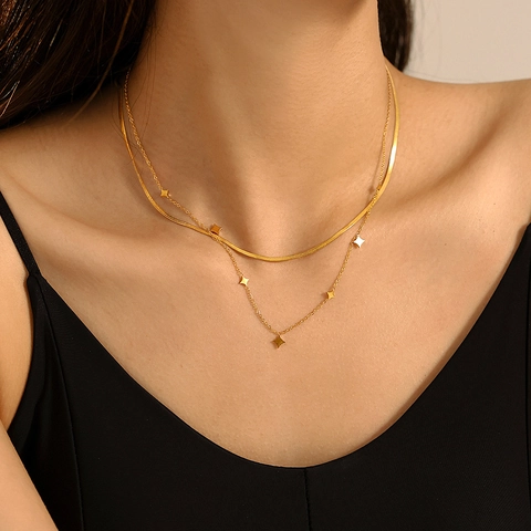 Collana Girocollo A Strati Acciaio Al Titanio Ciondoli A Stella Paillettes A Rombo Oro Gioielli Minimalisti Per Donna Elegante