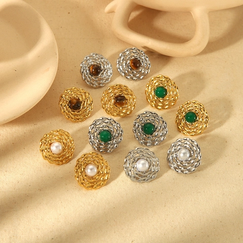 Vintage French Round Stud Earrings Woven Texture Stainless Steel With Faux Artificial Pearl Natural Stone Jewelry For Women Retro