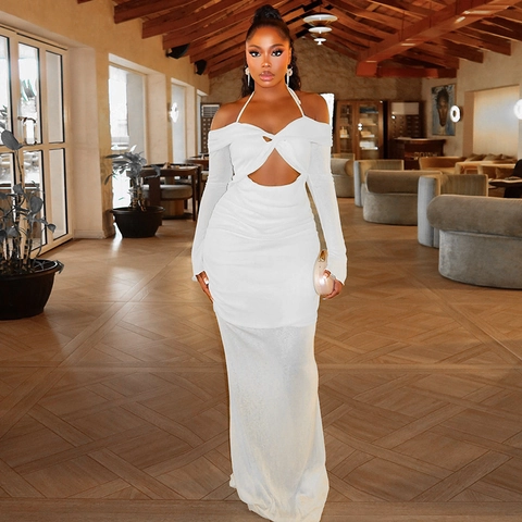 Women Halter Neck Hollow Out Maxi Dress Ruched Pleated Bodycon Long Sleeve Polyester Spandex Sexy Party Evening Wear