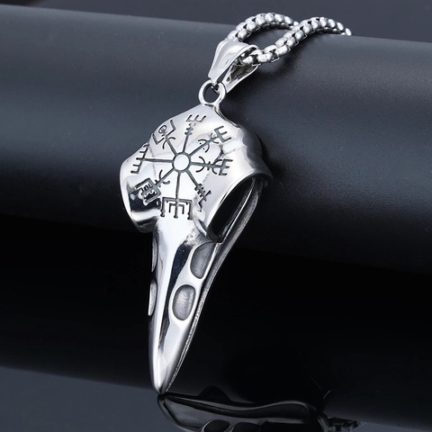 Collana Pendente Teschio Di Corvo Bussola Vichinga Vegvisir Rune Nordiche Acciaio Inossidabile Vintage Gothic Punk Uomo