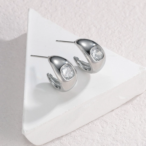 Pendientes De Botón Geométricos Vintage En Forma De C Acero Inoxidable Con Circonita Joyería Elegante Para Mujeres