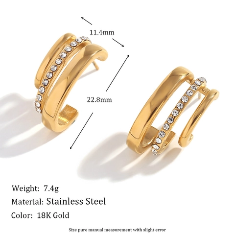 Orecchini a Bottone in Acciaio Inossidabile a Tre Strati a Forma di C Placcati Oro 18K Geometrici con Strass per Donna