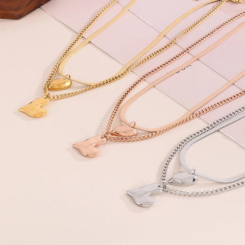 Collana Doppio Strato Acciaio Inossidabile Ciondolo Cuore Geometrico Catena Serpente Stile Vintage Francese Donna