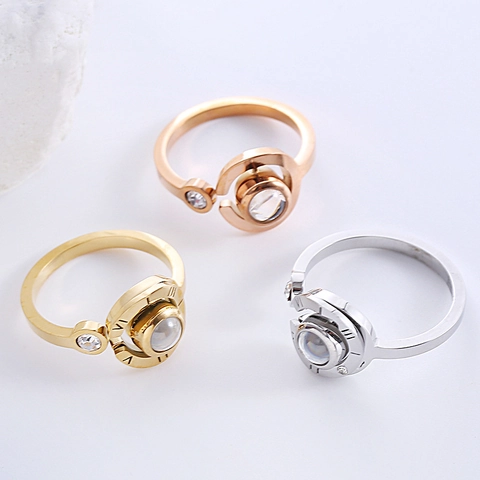 Minimalist Adjustable Open Ring 316L Stainless Steel With Zircon And Roman Numerals Projection Stone Fashion For Women