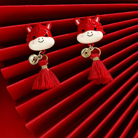 Cartoon Horse Tassel Stud Earrings Alloy Enamel With Silver Earring Post Chinese Style New Year Festive Red
