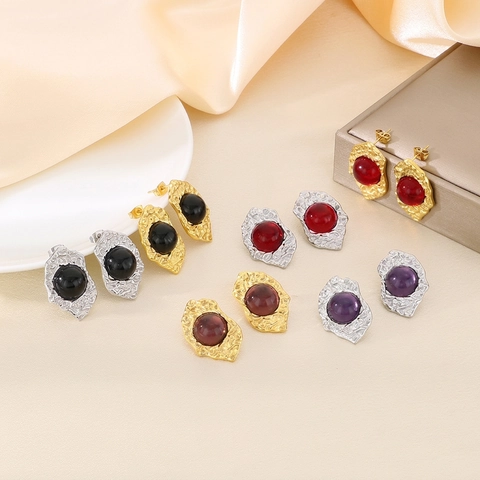 Retro Irregular Geometric Stud Earrings Cat Eye Stone Stainless Steel 18K Gold Plated 925 Sterling Silver Earring Post