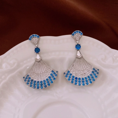 Orecchini Pendenti A Forma Di Ventaglio Con Perno In Argento Sterling 925 Zircone Blu Bianco Rame Gioielli Retro Per Donna