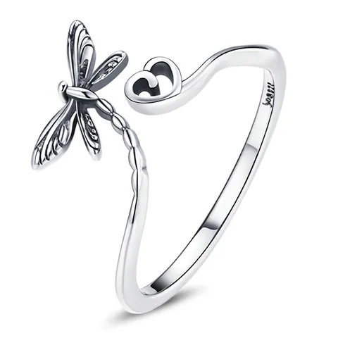 Vintage 925 Sterling Silver Dragonfly Heart Open Ring Adjustable Women Jewelry Animal Heart Shape Ring Daily Jewelry