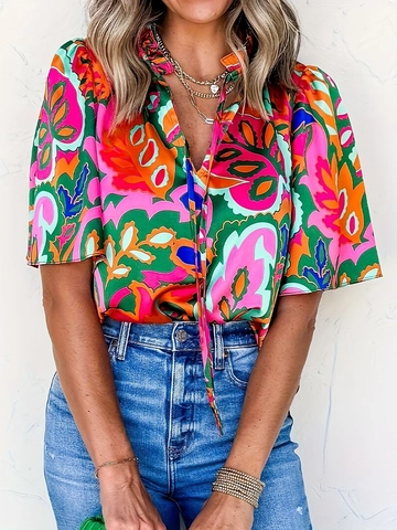 Damen V Ausschnitt Bluse Sommer Kurzarm Puffärmel Paisley Blumendruck Boho Polyester Spandex Top Bunt
