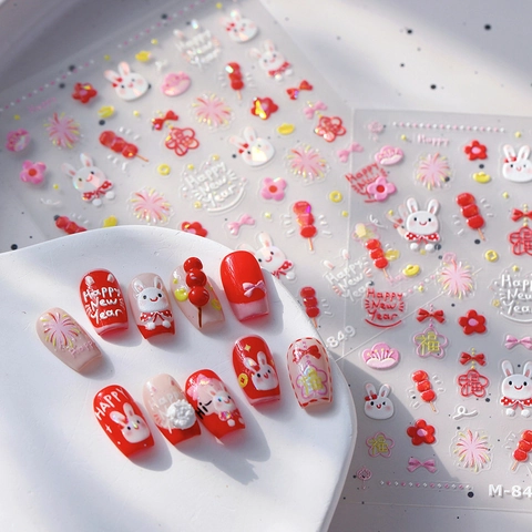 Autocollants Ongles Relief 3D Auto-adhésifs Année Du Lapin Nouvel An Chinois Festif Rouge Or Fleurs Dessin Animé