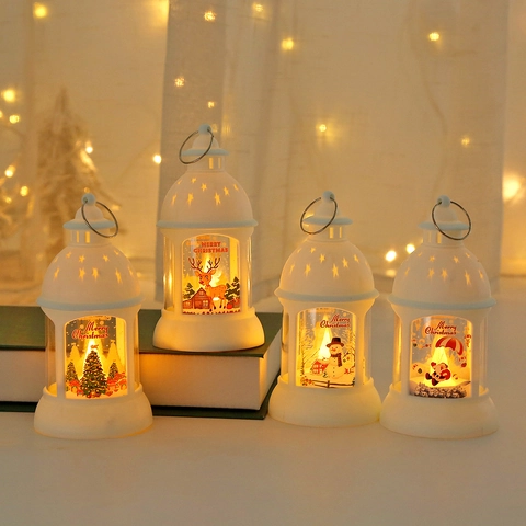 Christmas LED Lantern Decorative Night Light Tabletop Ornament Hanging Wind Lamp Festive Plastic Holiday Home Decor White