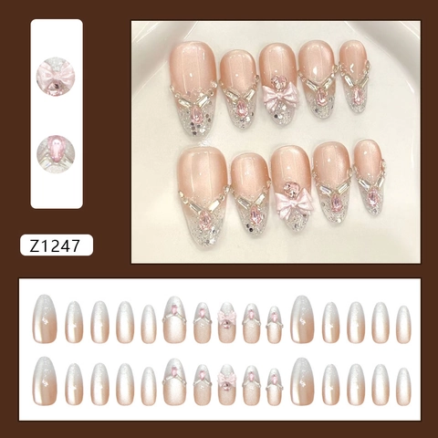 Uñas Postizas a Presión Rosa Ojo de Gato Con Lazo 3D Corazón Strass Degradado Plateado Brillo Almendra Uñas para Mujer