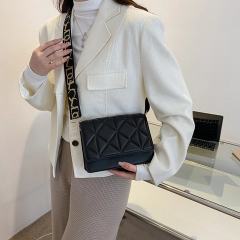 Borsa A Tracolla Da Donna Trapuntata A Rombi Pelle PU Tracolla Larga Moda Piccola Borsa Quadrata A Patta