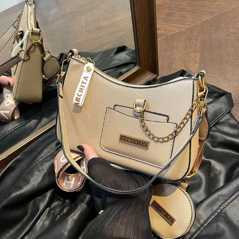 Women Fashion Hobo Shoulder Bag Saffiano PU Leather Underarm Purse With Metal Chain And Wide Letter Printed Strap Chic