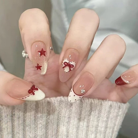 Unghie Finte Press On Forma Mandorla Fiocco Rosso Cuore French Polka Dot Stella Resina ABS Manicure Fai Da Te Donna