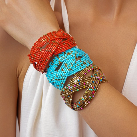 Bohemian Multilayer Glass Rice Bead Cuff Bracelet Wide Open Cross Woven Bangle For Women Ethnic Vintage Style Jewelry