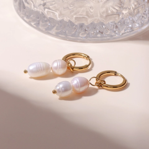Pendientes De Gota Con Doble Perla De Agua Dulce Estilo Francés Acero Inoxidable Chapado En Oro De 18K Joyería Elegante Simple Para Mujer