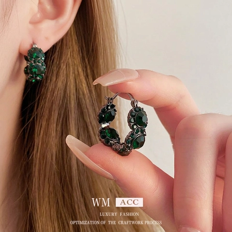 Vintage Smaragdgroene Strass Hoop Oorbellen Met Zilveren Oorsteker Franse Stijl Luxe Geometrische Sieraden Voor Dames