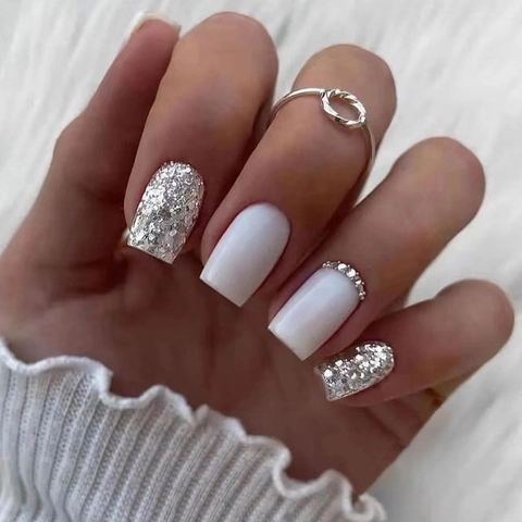 Square Press On Nails Solid White And Silver Glitter Shimmer With Rhinestone Accents Elegant Ins Style Fashionable For Women