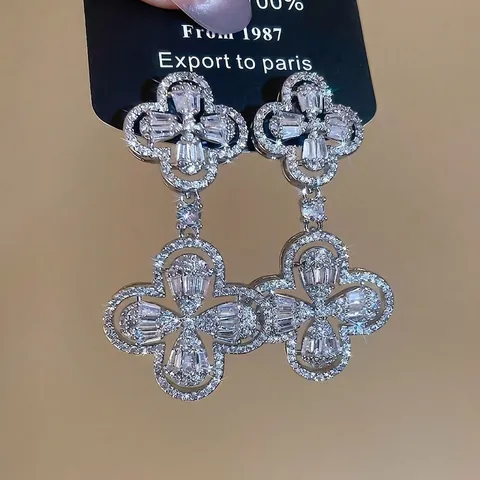 Layered Clover Drop Earrings Elegant Hollow Flower With Zircon Copper Jewelry Silver Earring Post Luxury For Women