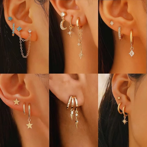 Boucles d'Oreilles Asymétriques Étoile Lune Hoop Clou Strass Cuivre Bijoux Femme Mode Minimaliste Accessoires Célestes Cadeau