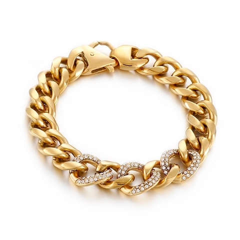 Men Hip Hop Cuban Link Bracelet Stainless Steel With Sparkling Rhinestones Streetwear Fashion Jewelry