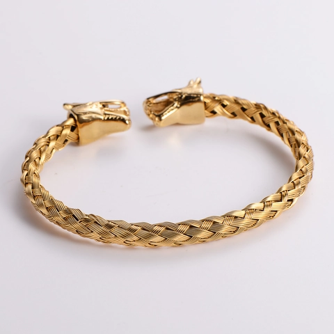 Men's Stainless Steel 18K Gold Plated Twisted Wire Woven Dragon Head Open Cuff Bangle Punk Vintage Jewelry