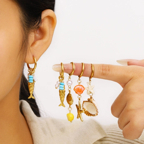 Pendientes Colgantes Concha Estrella De Mar Perla Artificial Acero Inoxidable Chapado En Oro 18K Impermeable Hipoalergénico Para Mujer