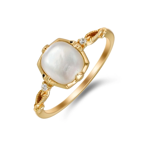 Elegant 925 Sterling Silver Gold Plated Geometric Square Shell Ring For Women Vintage Zirconia Inlaid Commute Fashion Jewelry