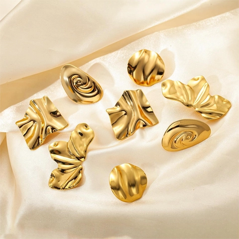Irregular Geometric Pleated Stud Earrings Gold Plated Stainless Steel Niche Design Minimalist Jewelry For Women