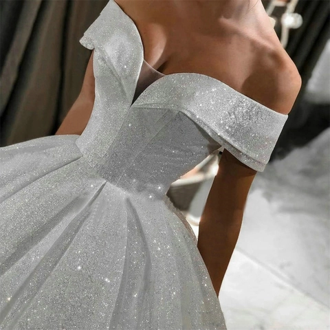 Robe De Mariée Élégante Épaules Dénudées Paillettes Robe De Bal Dos Lacé Mariée Soirée Formelle Petite Traîne