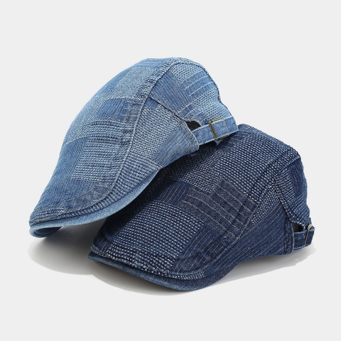 Flat Cap Vintage Cotton Denim Patchwork Ivy Hat Adjustable Metal Buckle Casual British Style For Men Women