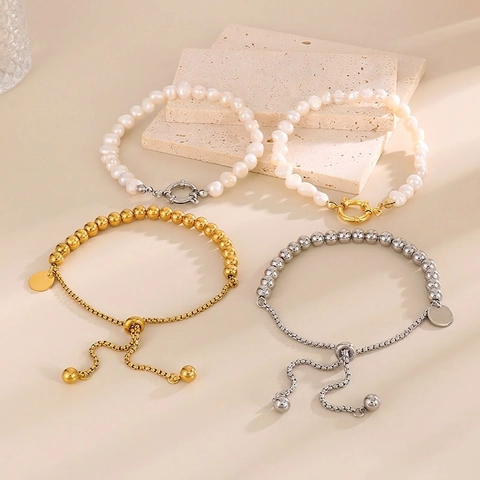 Bracelet En Perles D'eau Douce Et Acier Inoxydable Pour Femmes Plqué Or 18K Réglable Style Baroque Perles Bijoux Élégants