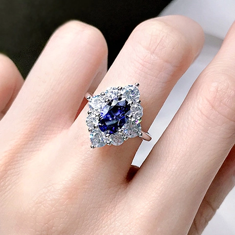 Anello In Zircone Blu Reale Ovale Rame Lusso Vintage Halo Cluster Fidanzamento Matrimonio Festa Gioielli Per Donne