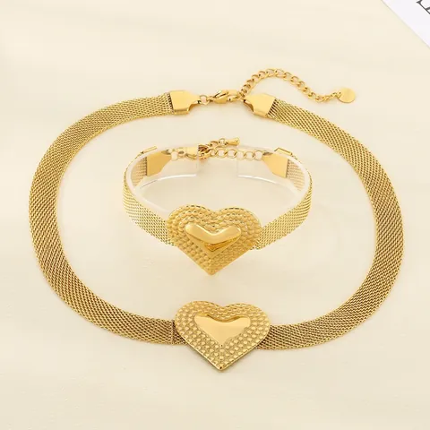 Herzanhänger Halskette Und Armband Vergoldet Edelstahl Gewebte Maschenkette Trendiger Modeschmuck Für Damen