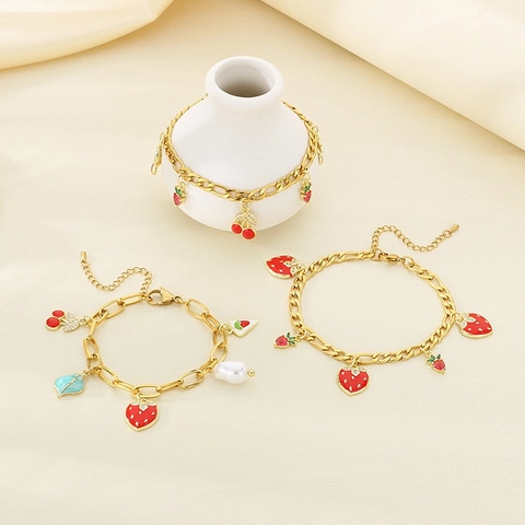 Stainless Steel Gold Plated Fruit Bracelet Women Enamel Strawberry Cherry Charm Shell Synthetic Artificial Pearl Zircon Jewelry