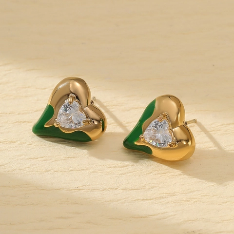 Luxus Edelstahl Herz Emaille Strass Ohrringe 18K Vergoldet Bunte Tropföl Herz Ohrstecker Für Damen Schmuck
