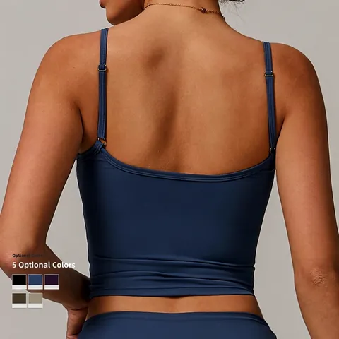 Women Yoga Tank Top Recycled Polyester Spandex V Neck Thin Straps Removable Pads Tight Fit Sports Bra