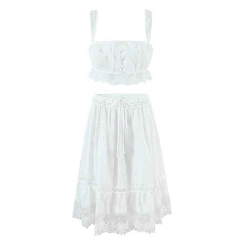 Women White Lace Embroidery Hollow Out Ruffle Cotton Crop Top And Long Skirt Summer Casual Holiday Outfits