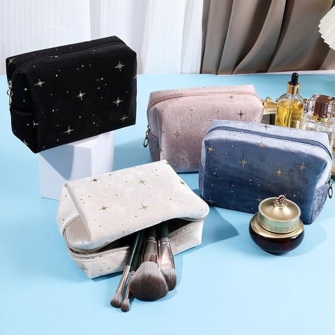 Samt Kosmetiktasche Sternenmuster Goldstickerei Reißverschluss Tragbare Kulturbeutel Reise Make-up Organizer