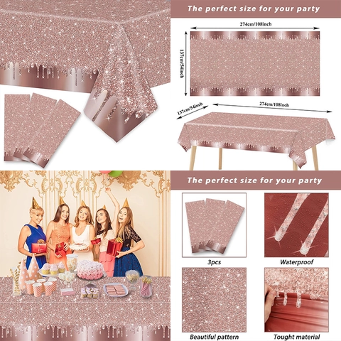 Τραπεζομάντιλο Μίας Χρήσης Rose Gold Glitter Χάρτινα Πιάτα Χαρτοπετσέτες Ποτήρια Μαχαιροπίρουνα Γάμος Γενέθλια Σχέδιο Σταγόνα